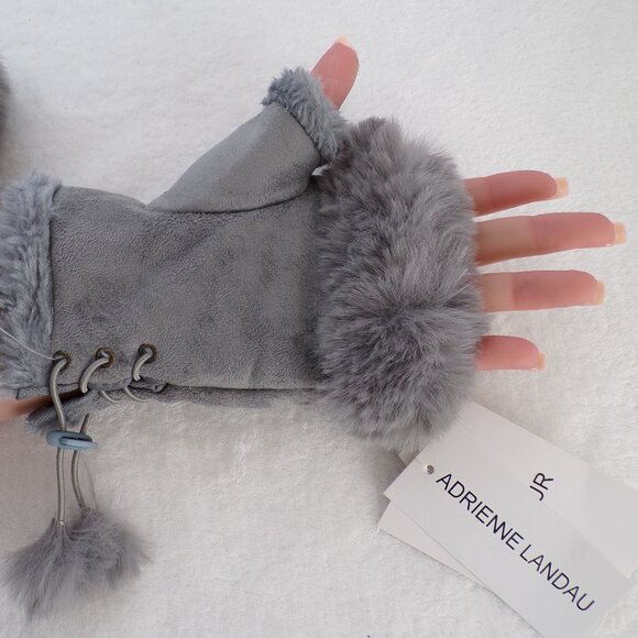 Adrienne Landau Faux Fur Trim Fingerless Gloves, Adjustable Winter Fall NWT Lux - Picture 1 of 10